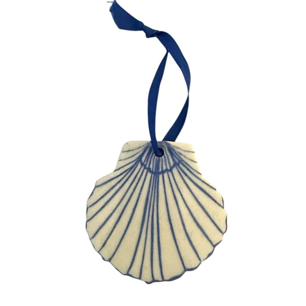 Signed Handmade Ceramic Blue & White Scallop Sea Shell Beach Christmas Ornament